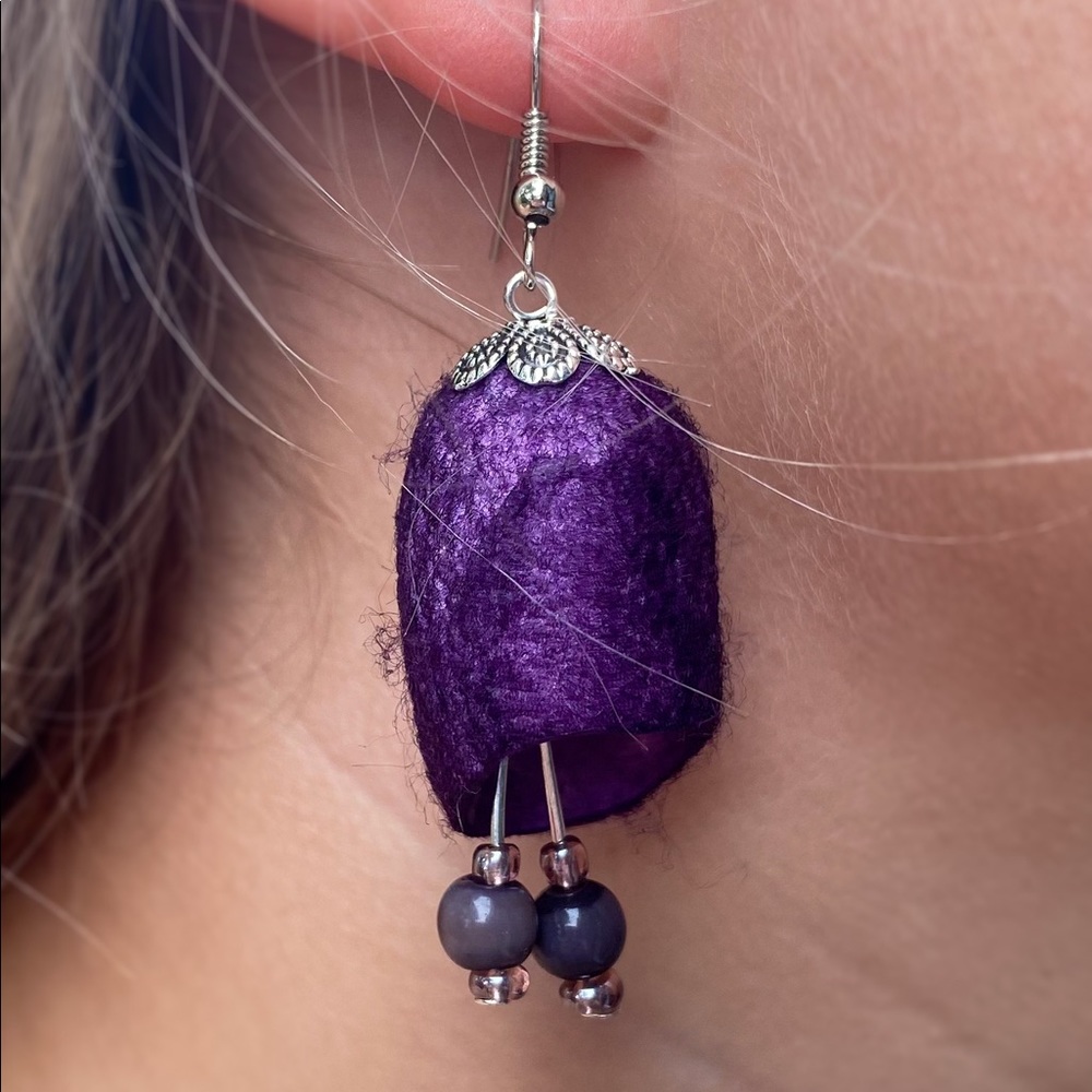 Purple dyed silk cocoon dangle earrings handmade